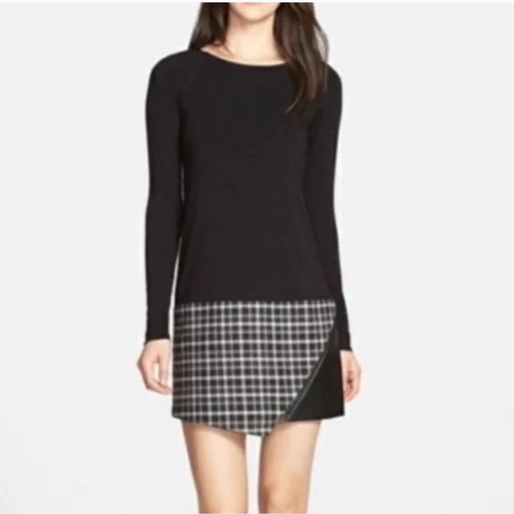 ANTHROPOLOGIE • BAILEY 44 Black Long Sleeve Faux Leather Plaid Dress XS